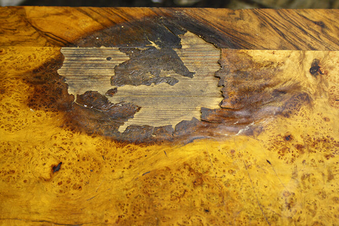 WATER DAMAGED BURR WALNUT CHEST OF DRAWERS